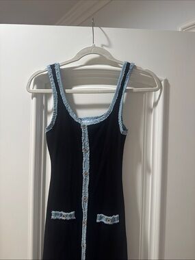 Black Ribbed Tank Dress with Light Blue Trim